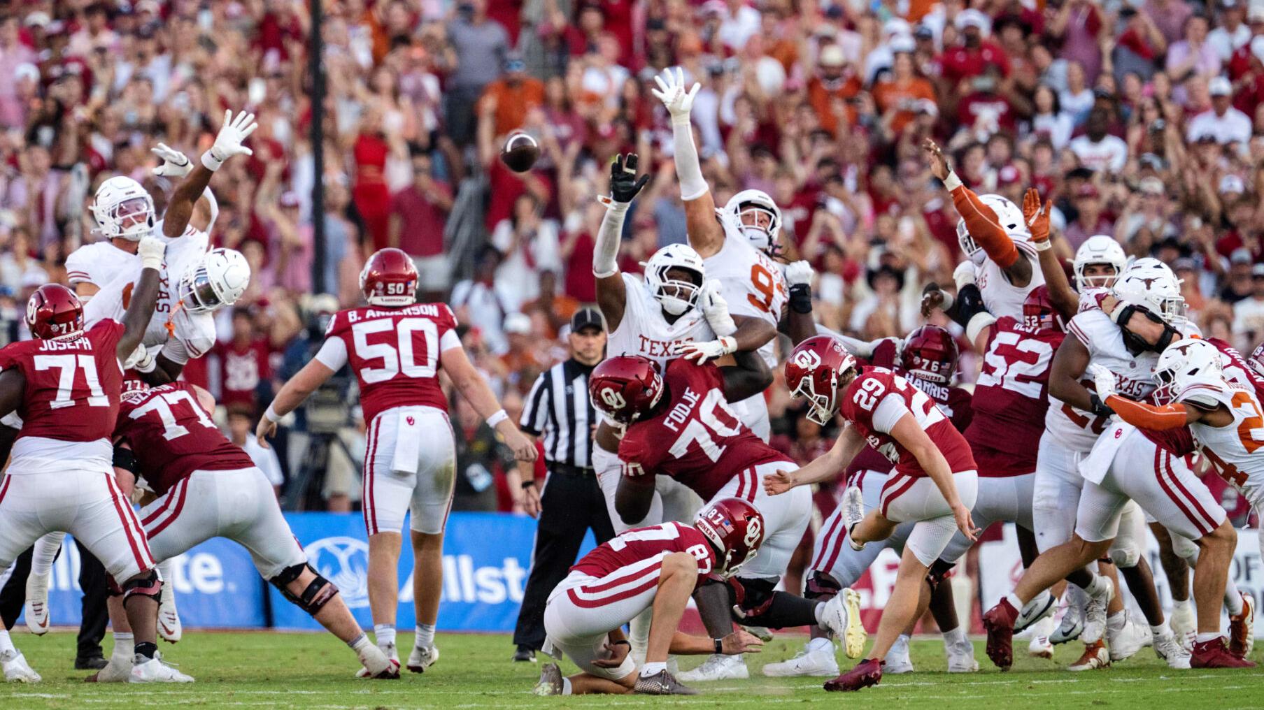 Oklahoma upsets No. 1 Texas on Tate Sandell's game-ending 47-yard field goal